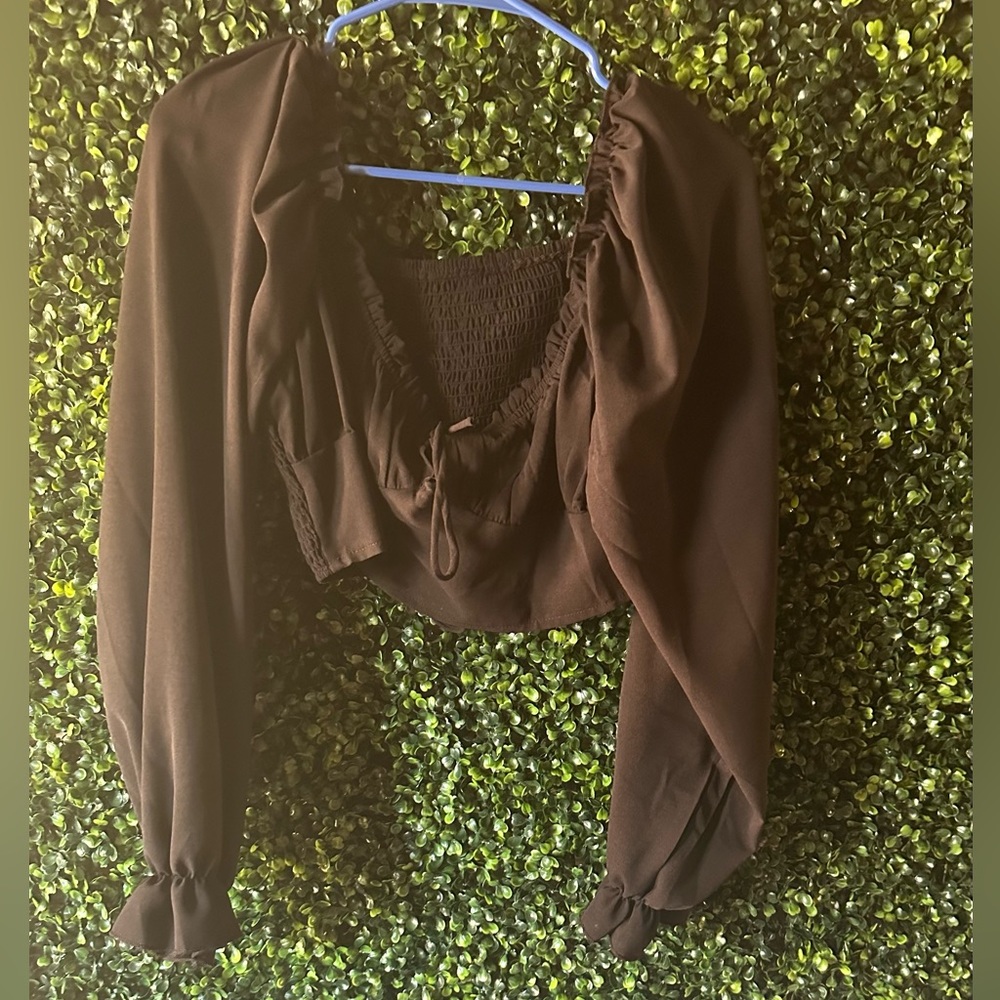Black Princess Neck Tied Long Sleeve Smocked Back Crop Top